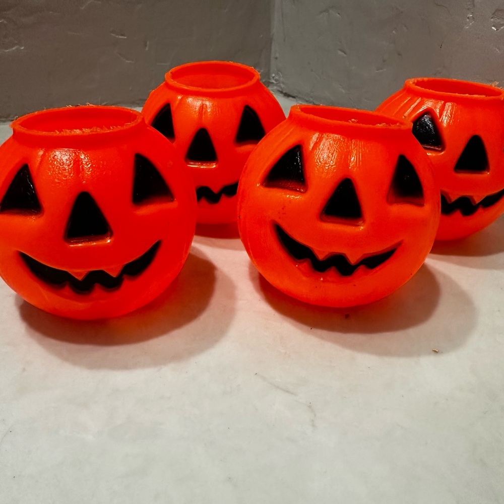 Vintage 1980s Pumpkin Set Of 4 Blow Mold Halloween Small Head Party Container 3"